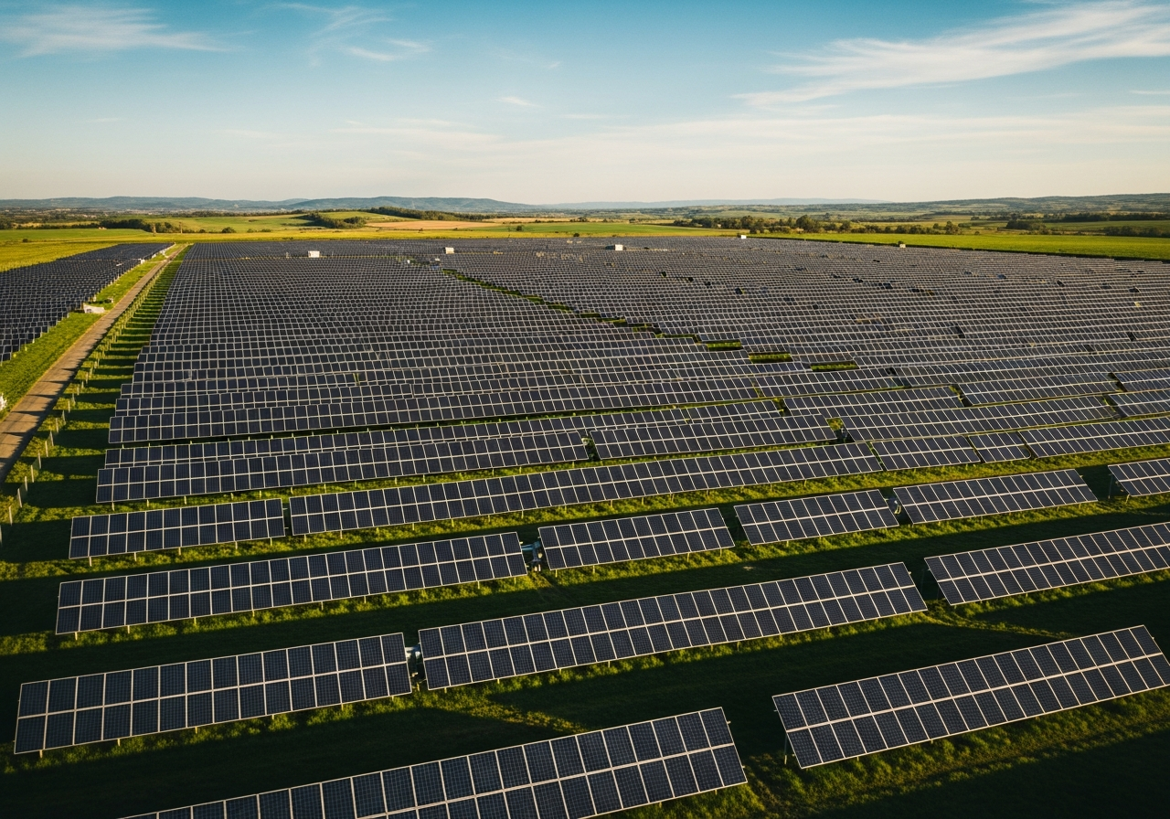 Aerial view of a VoltWatt utility-scale solar farm in Europe