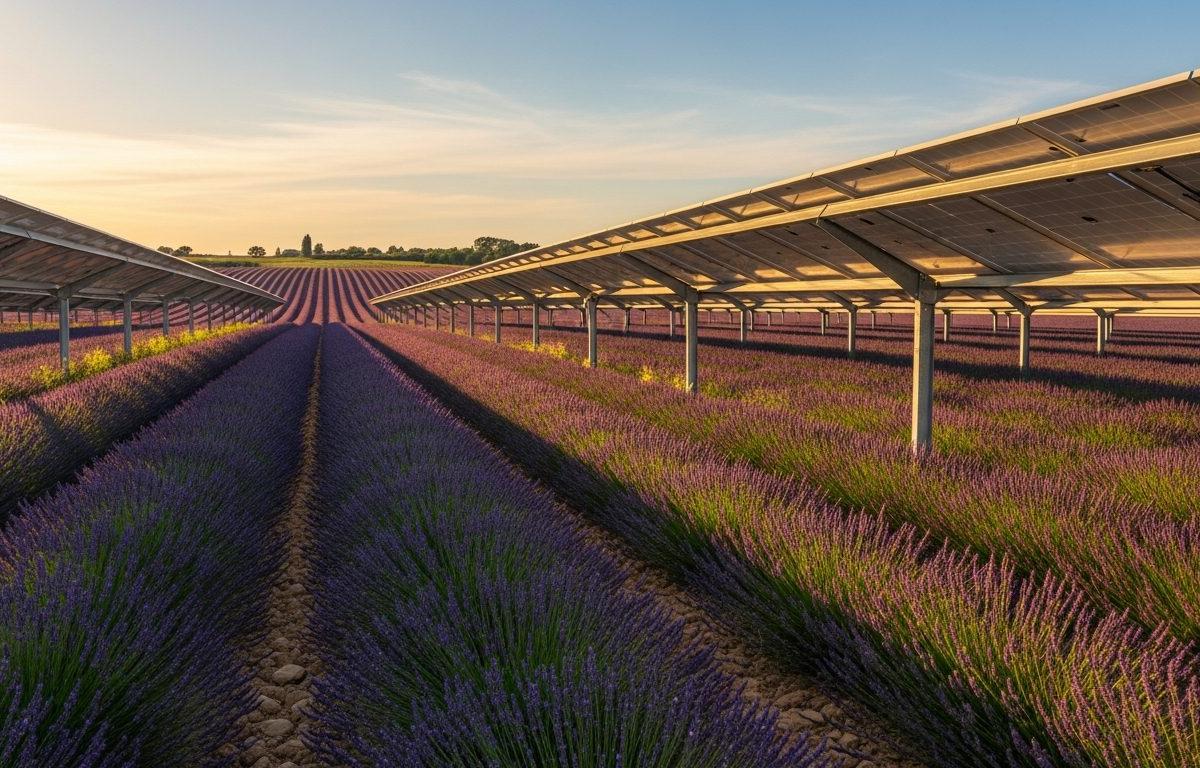Lavender field with agrivoltaic panels above aromatic crops in Provence
