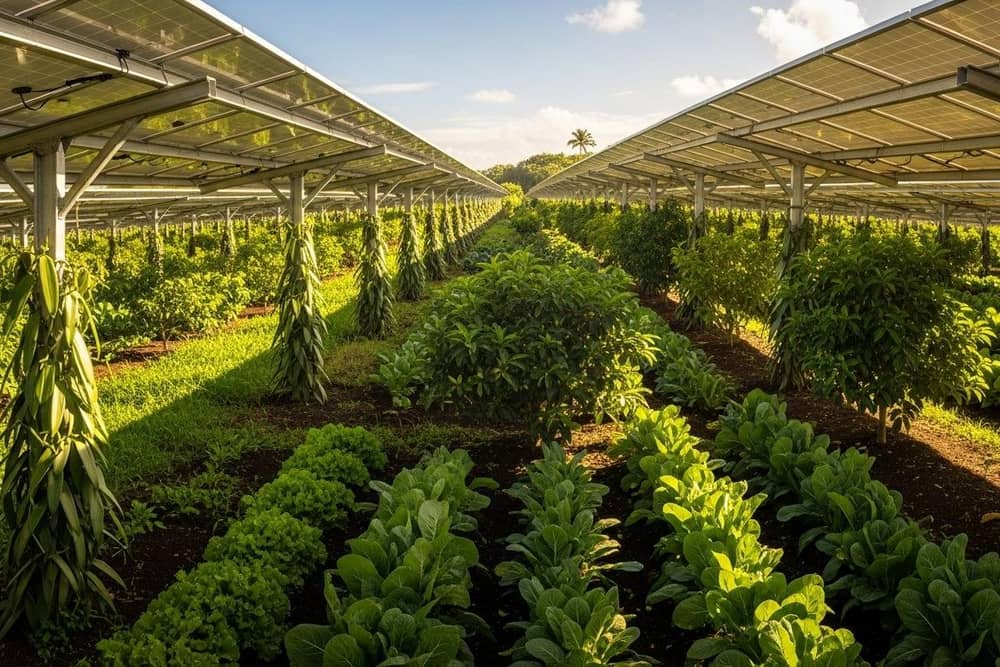 Market garden with tomato rows under semi-transparent agrivoltaic canopy