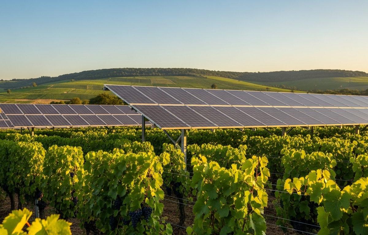 Vineyard sheltered by elevated agrivoltaic solar panels combining wine production and clean energy