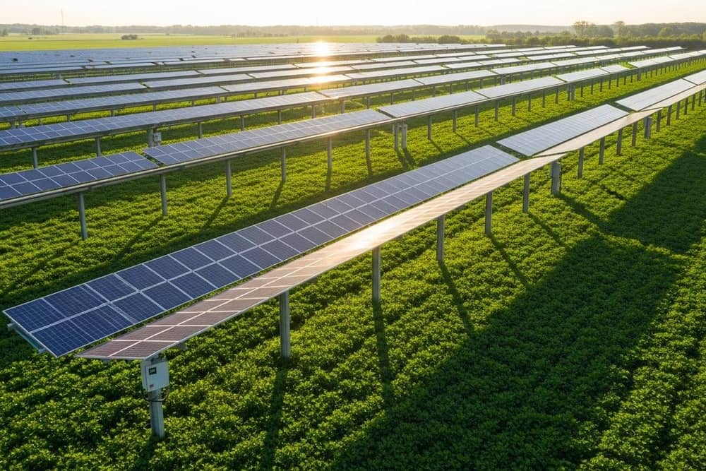 Vineyard sheltered by elevated agrivoltaic solar panels combining wine production and clean energy