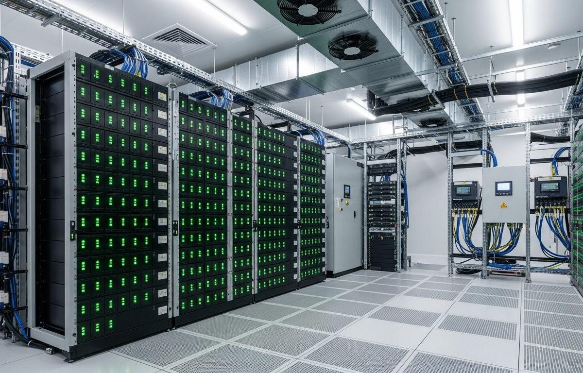 Commercial and industrial battery storage room inside a manufacturing facility