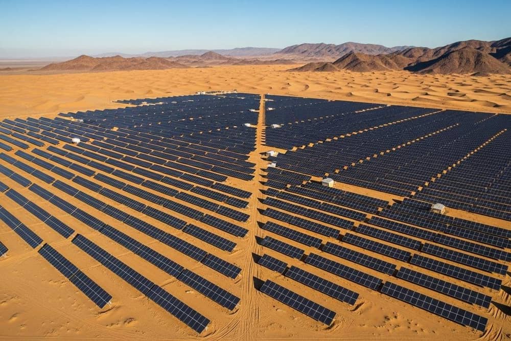Vast utility-scale solar farm shot from above at golden hour