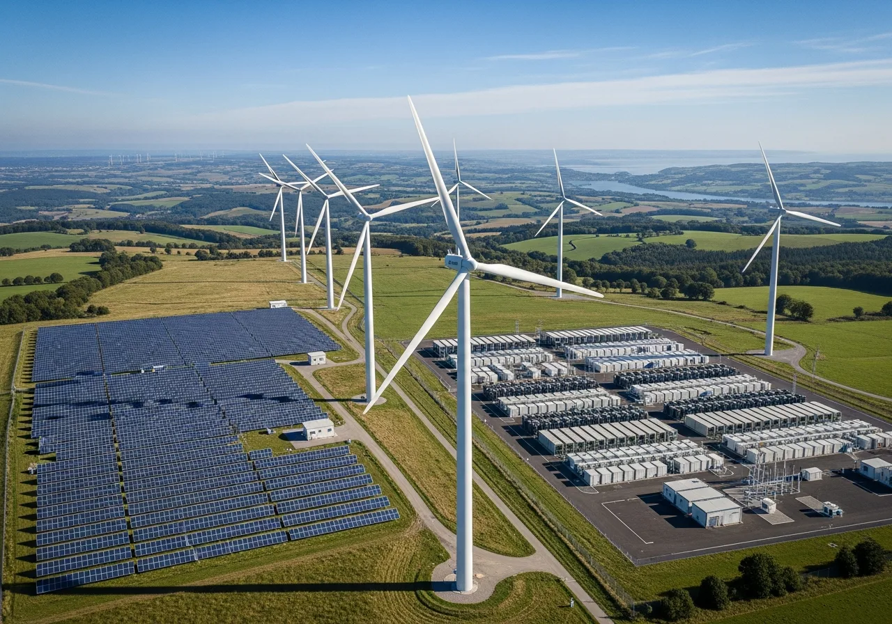 Engineers analysing technical drawings and CAD models of a solar plant
