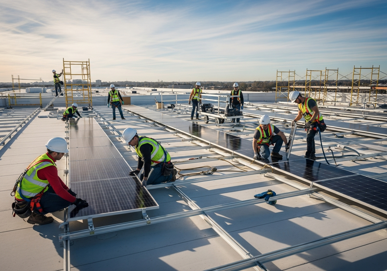 Construction crew installing solar panels on a commercial rooftop