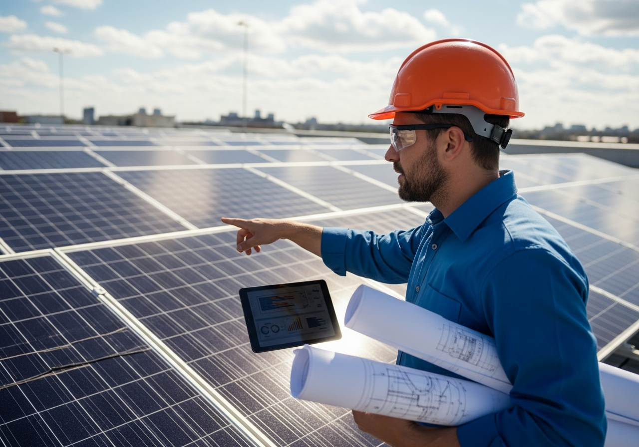 Engineer with hard hat conducting technical studies on solar panels