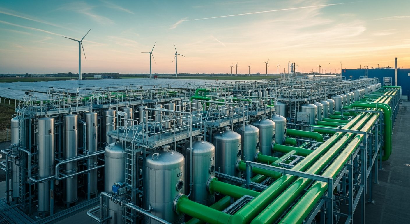 Modern green hydrogen production facility at sunrise