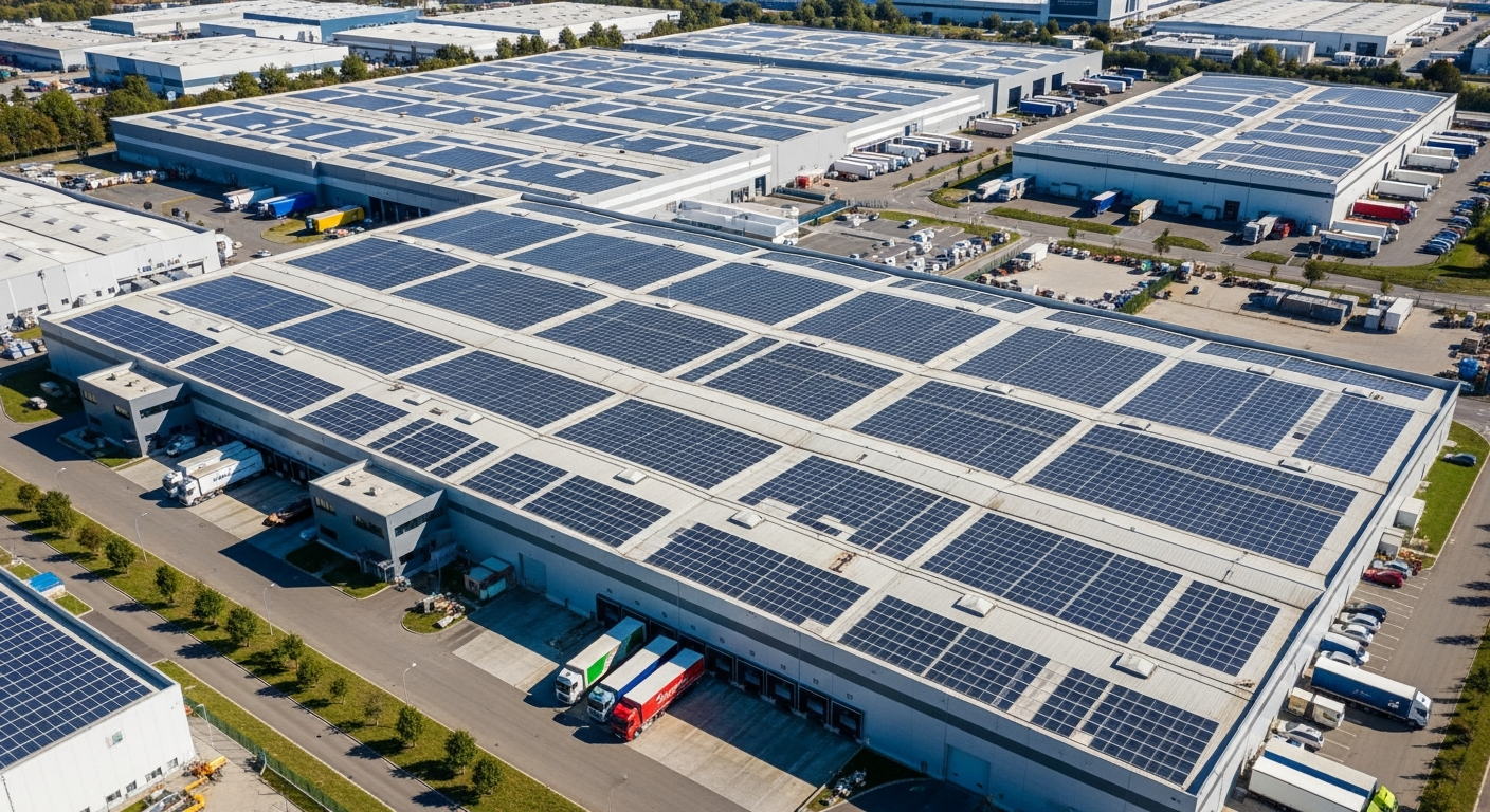Aerial view of a large industrial factory complex with solar panels on every roof
