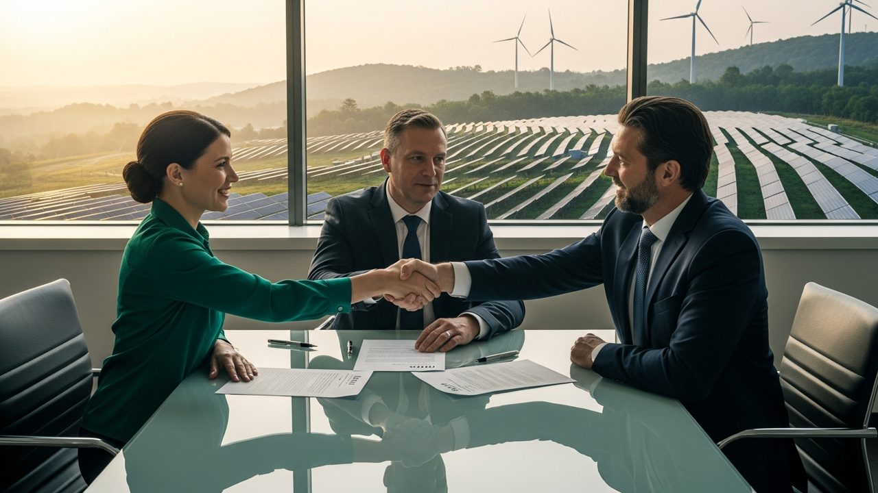 Corporate PPA signing with renewable energy assets in the background