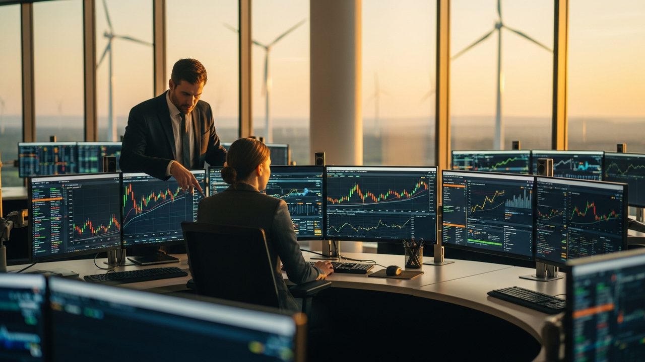 Modern energy trading floor with European power market dashboards
