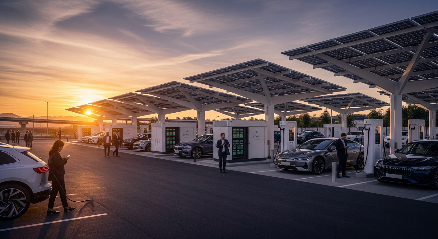 Modern ultra-fast EV charging plaza with solar canopies and battery storage