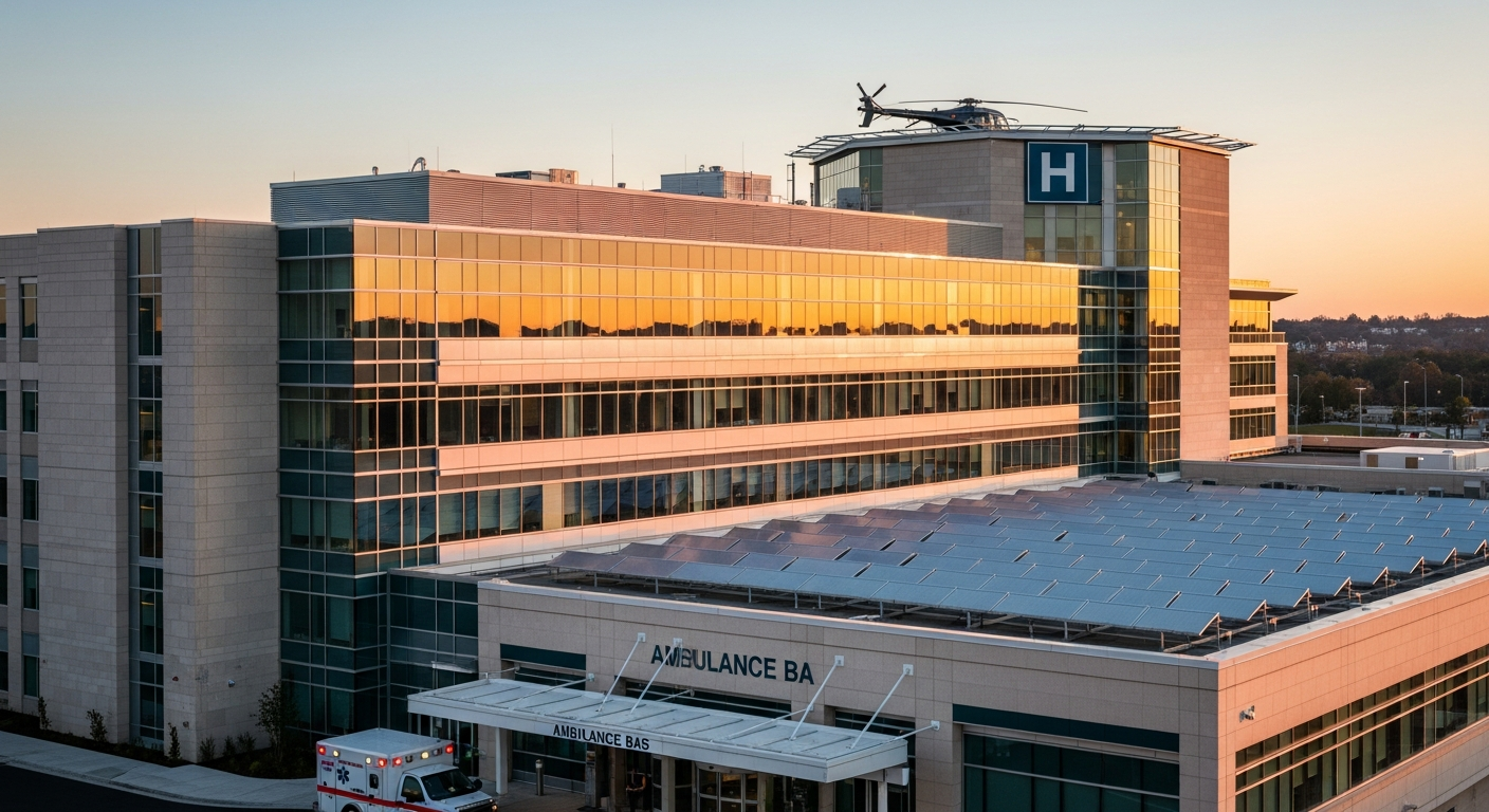 Modern hospital campus with rooftop solar panels and a helipad