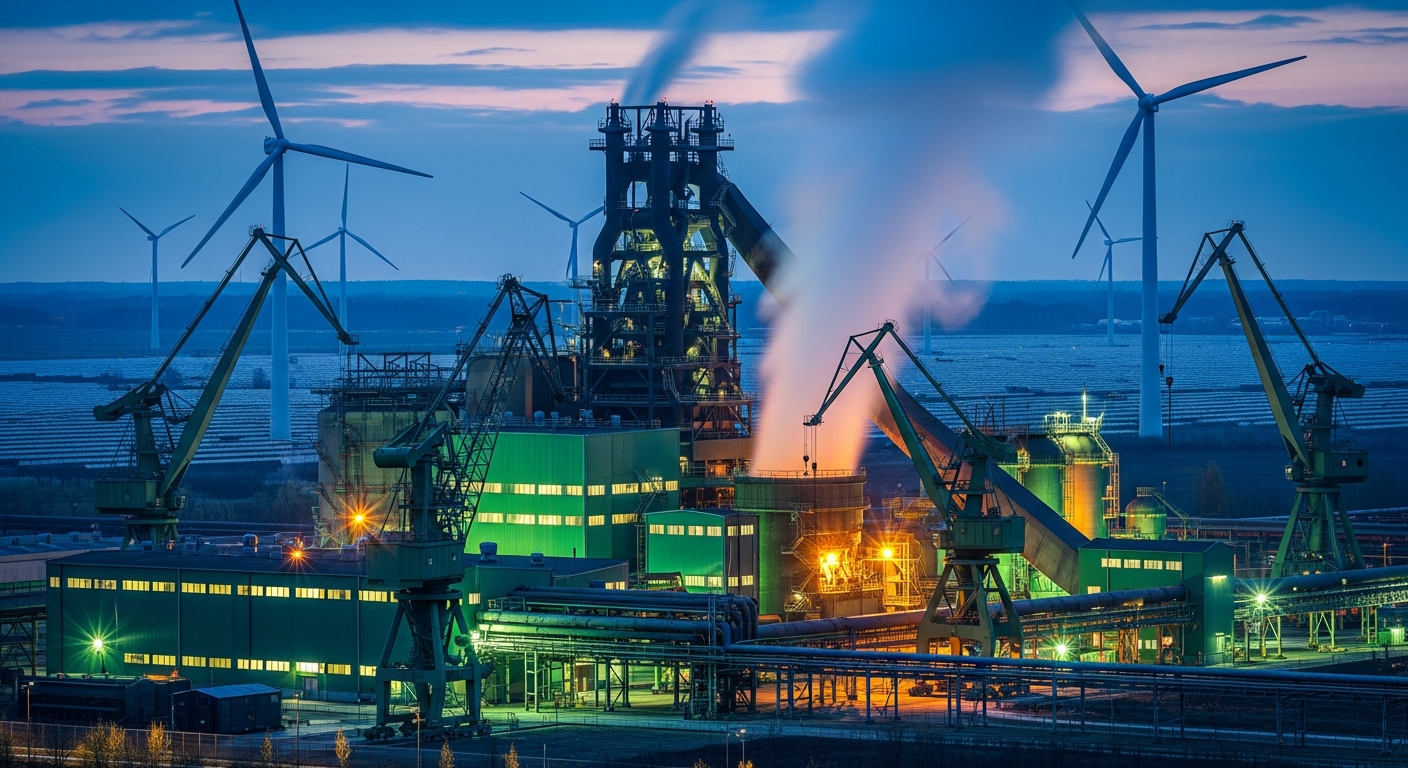 Modern green steel and heavy-industry plant powered by wind and solar at dusk