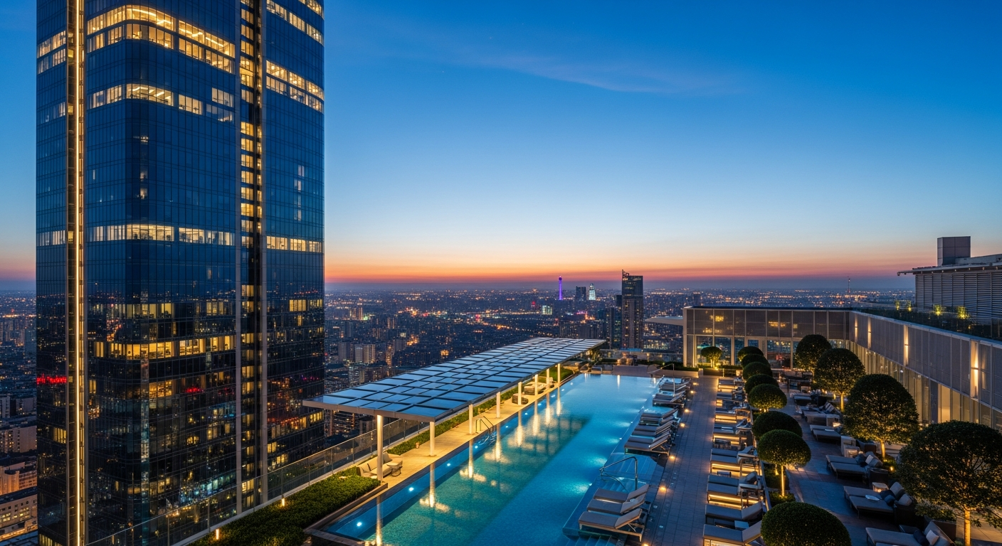 Five-star hotel and commercial real estate tower with rooftop solar canopy at twilight