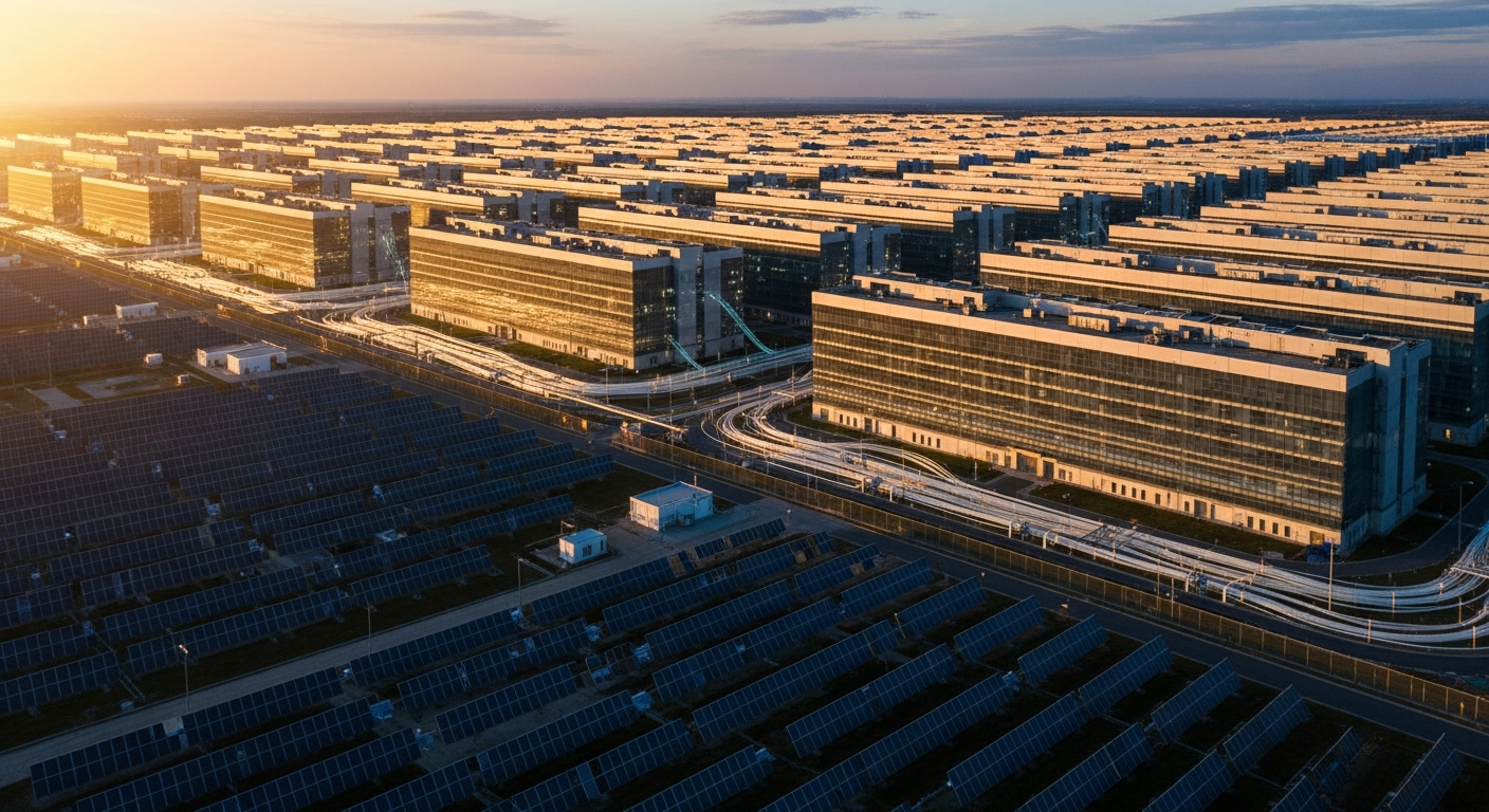 Hyperscale datacenter campus powered by a dedicated solar farm at golden hour