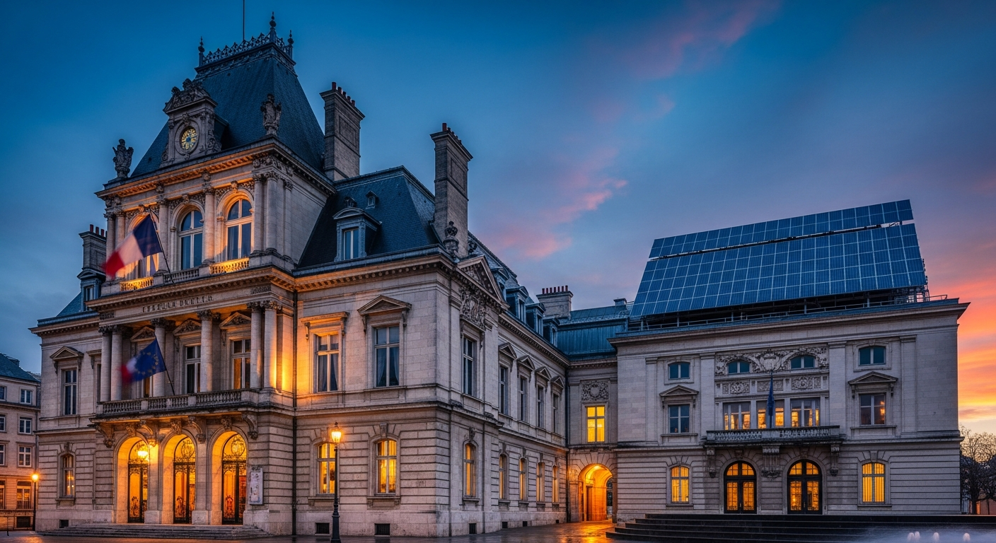 European civic building and city hall with adjacent solar installation at blue hour