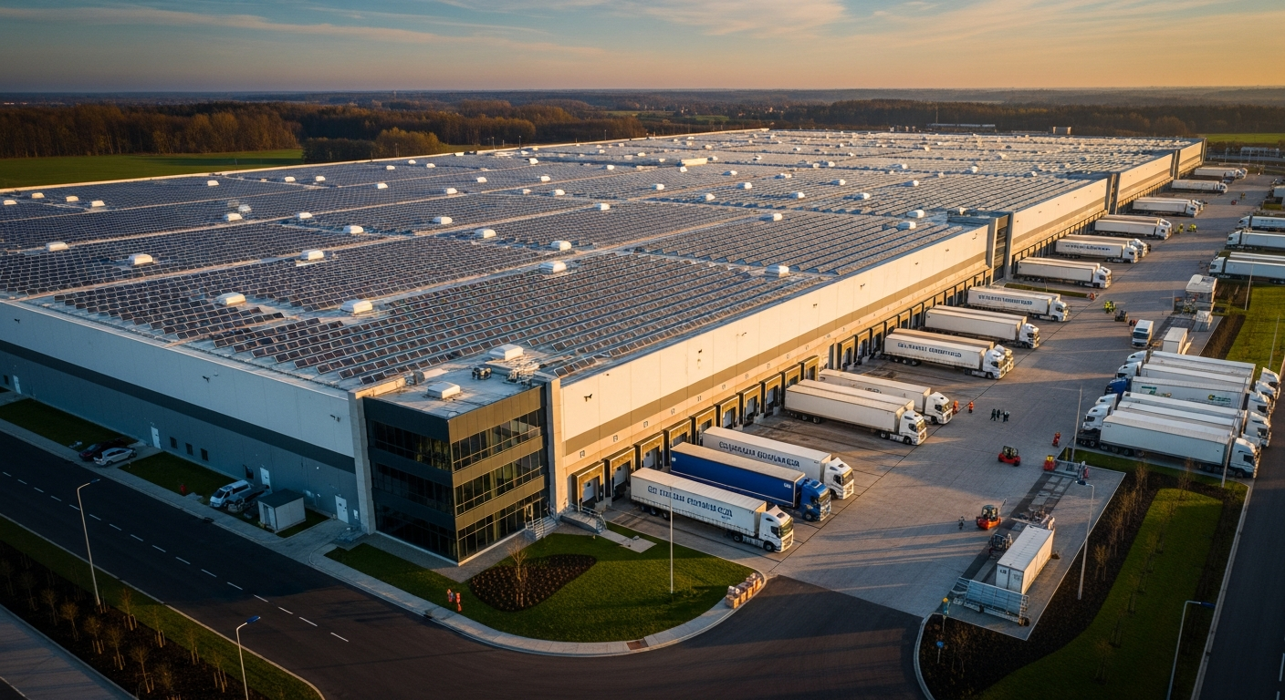 Aerial view of a massive logistics warehouse with rooftop solar and truck fleet