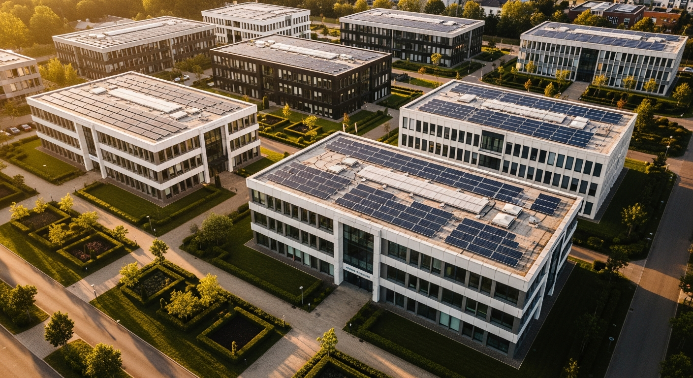 European business park cluster of mid-size companies with rooftop solar everywhere