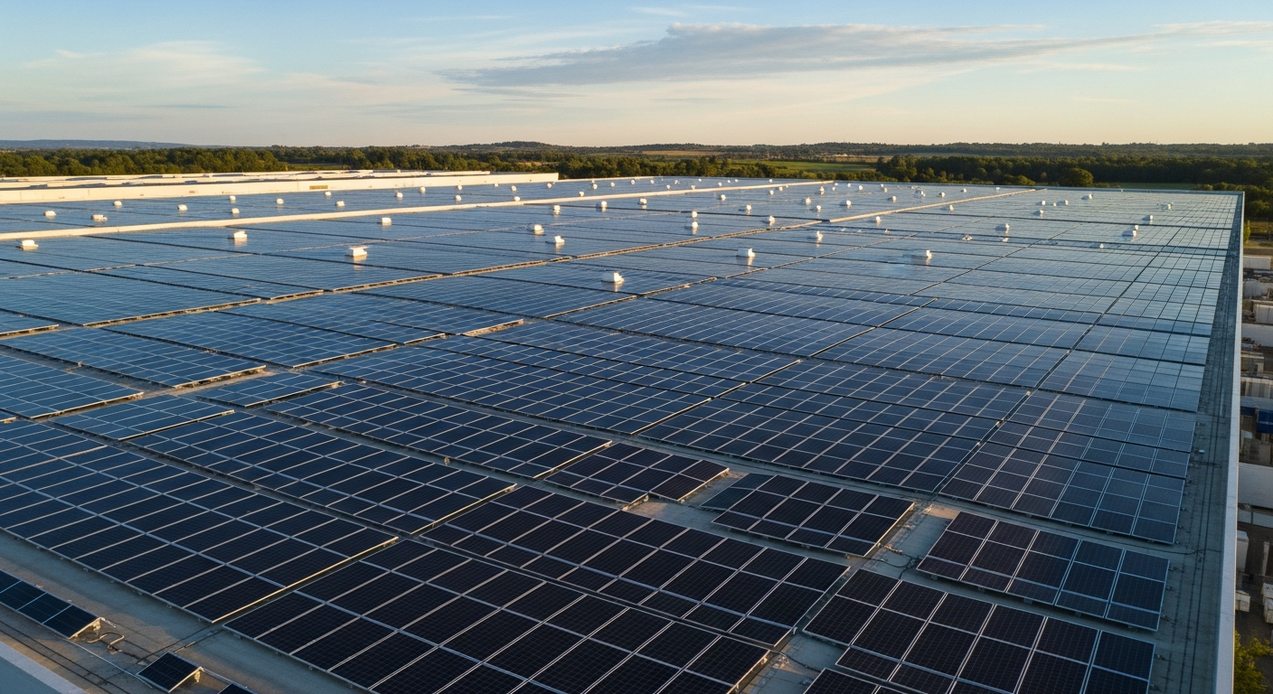 Aerial view of a large industrial warehouse rooftop covered with solar panels