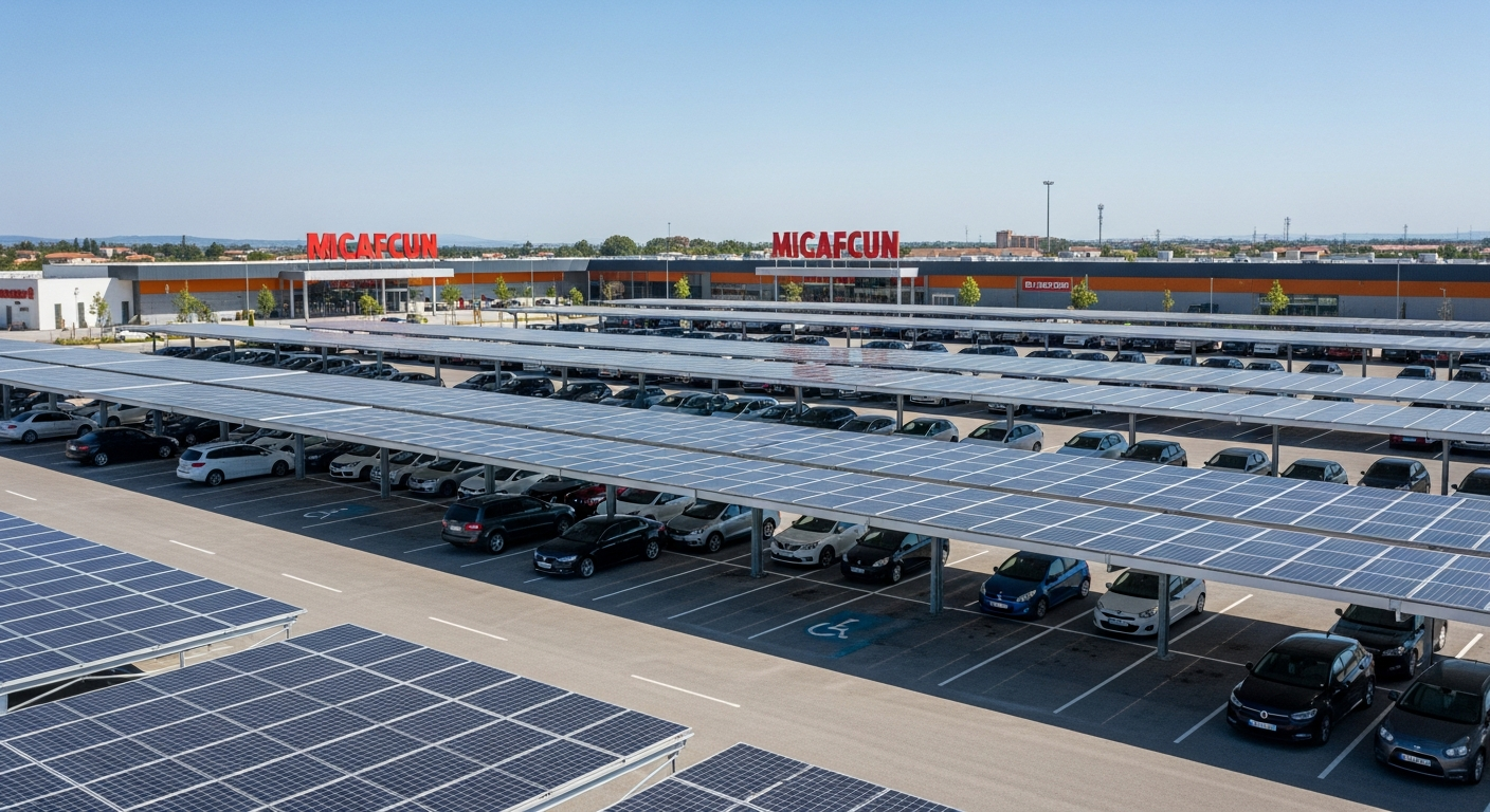 Supermarket parking lot covered by solar carport canopies seen from above