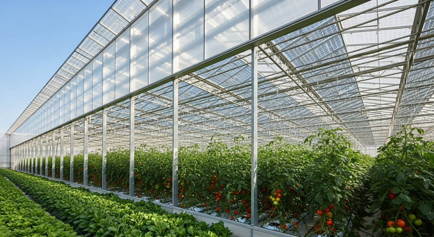 Modern commercial greenhouse with semi-transparent photovoltaic panels integrated into the glass roof
