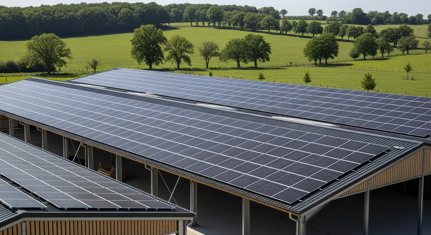 Agricultural barn with full solar PV roof in the French countryside