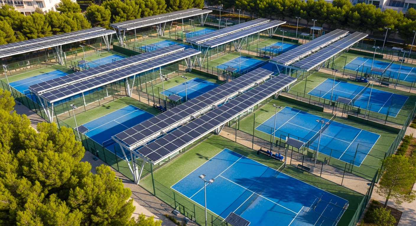 Aerial view of tennis and padel courts covered by photovoltaic canopy structures