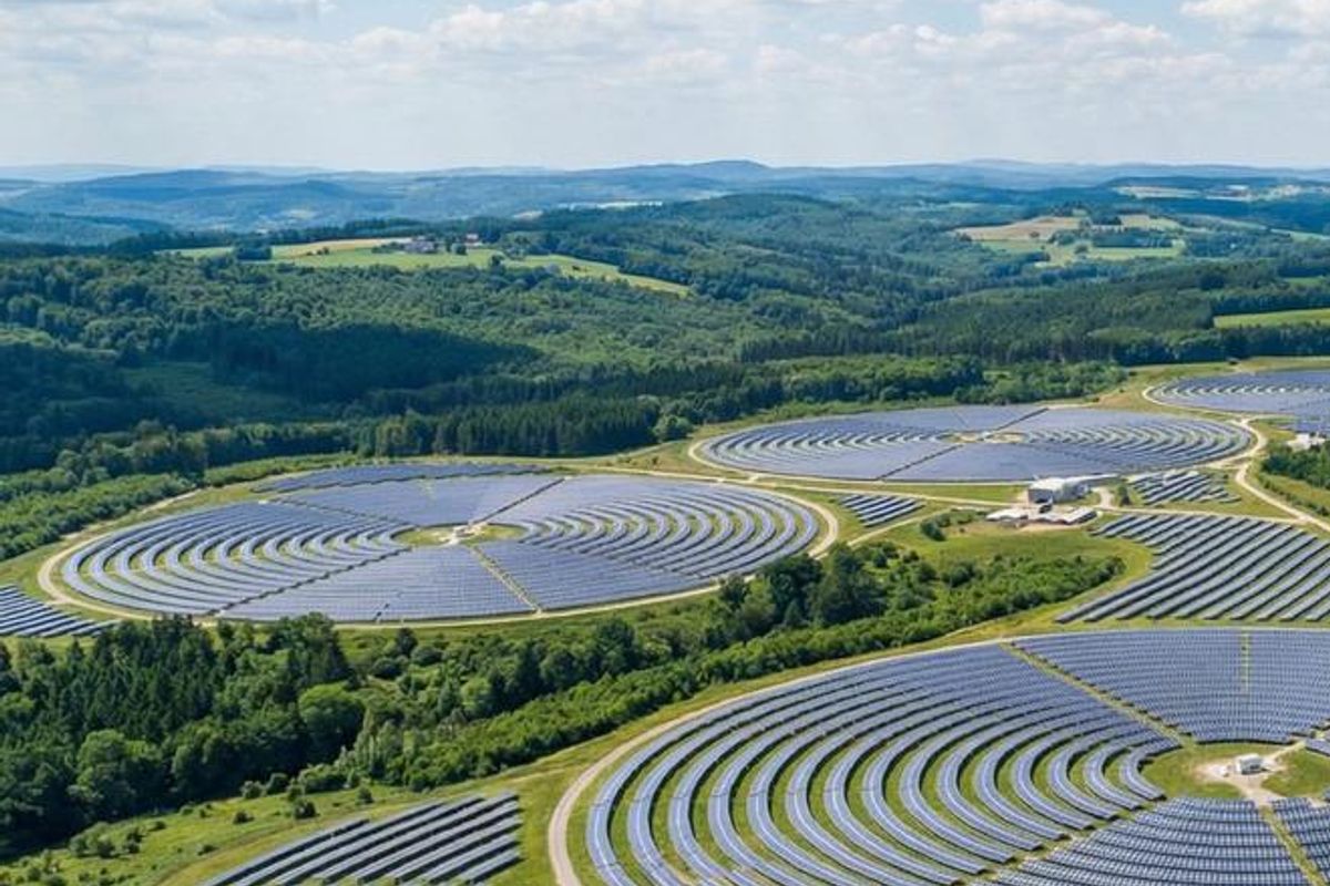VoltWatt large-scale solar farm aerial drone view — utility-scale photovoltaic project in European countryside