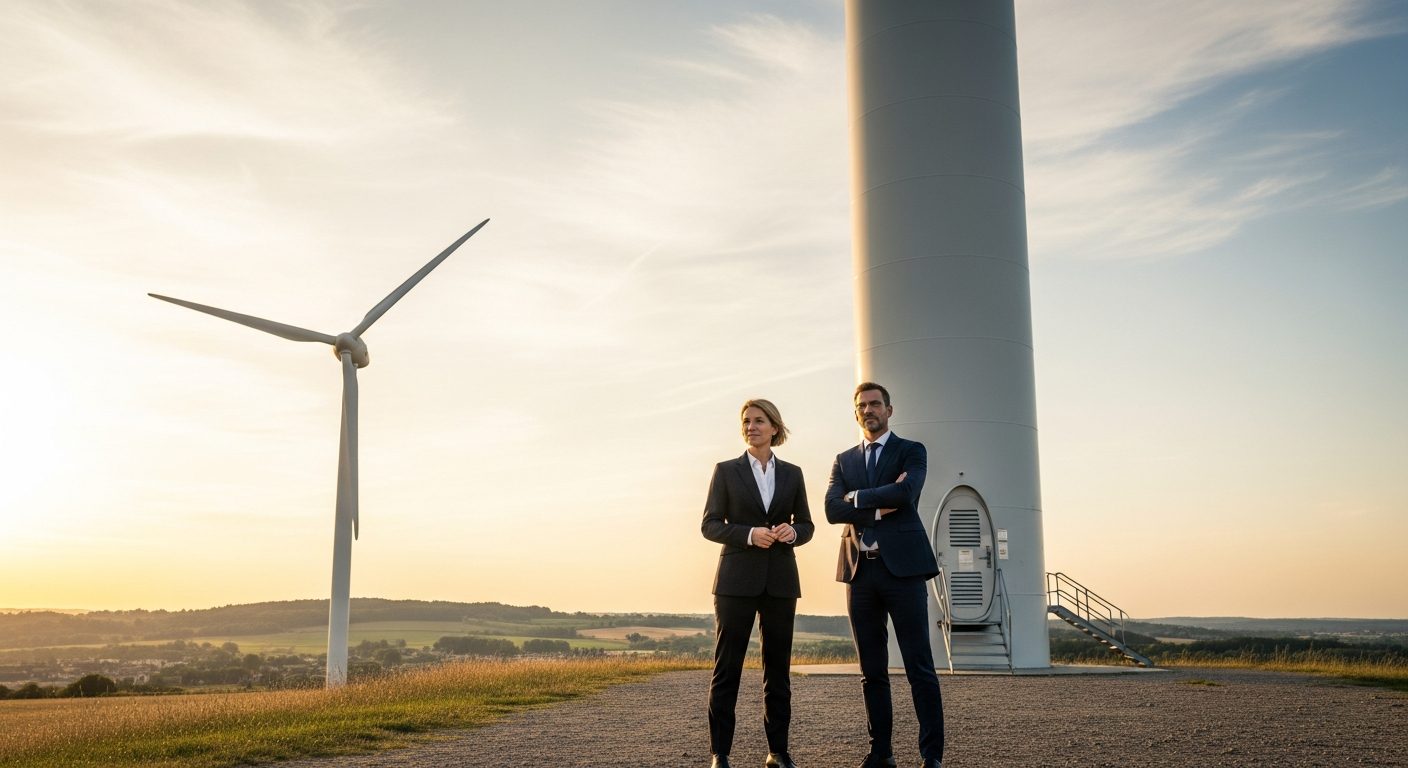Two business executives standing at the foot of a wind turbine in the French countryside, sealing a long-term partnership at golden hour